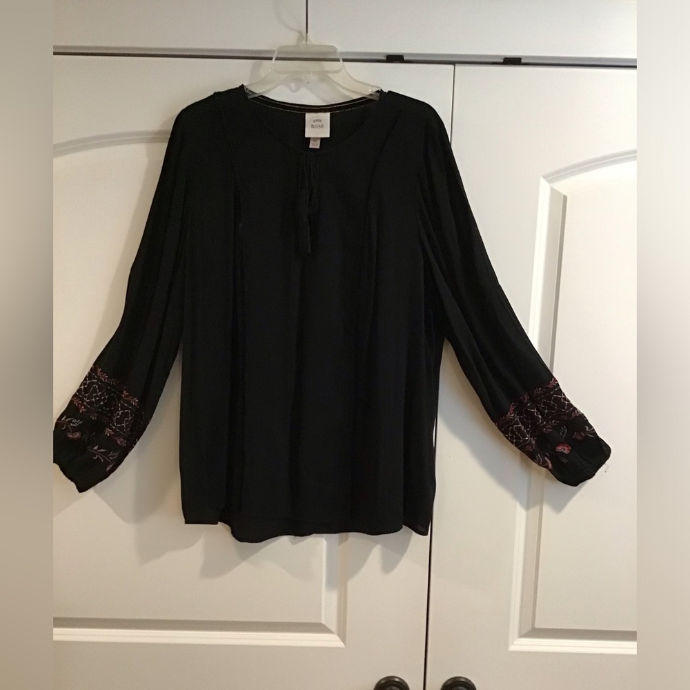 Knox Rose Black Blouse with Pink Embroidery